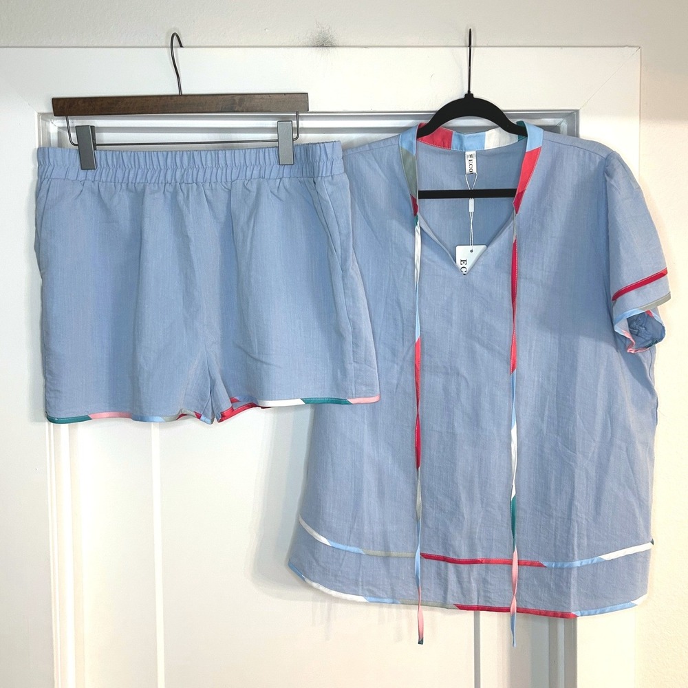NEW Ecowish Womens Blue Two Piece Set Top and Shorts XL Beachwear Loungewear